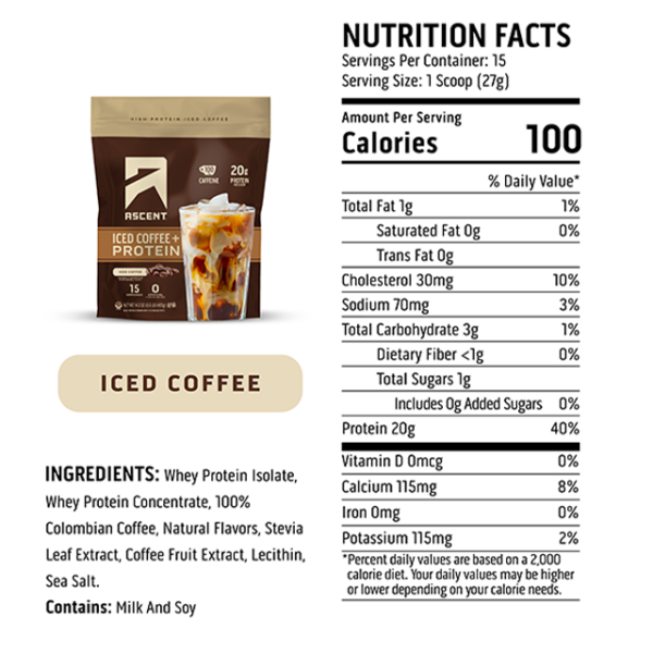 Panel de información nutricional de Ascent Iced Coffee + Protein
