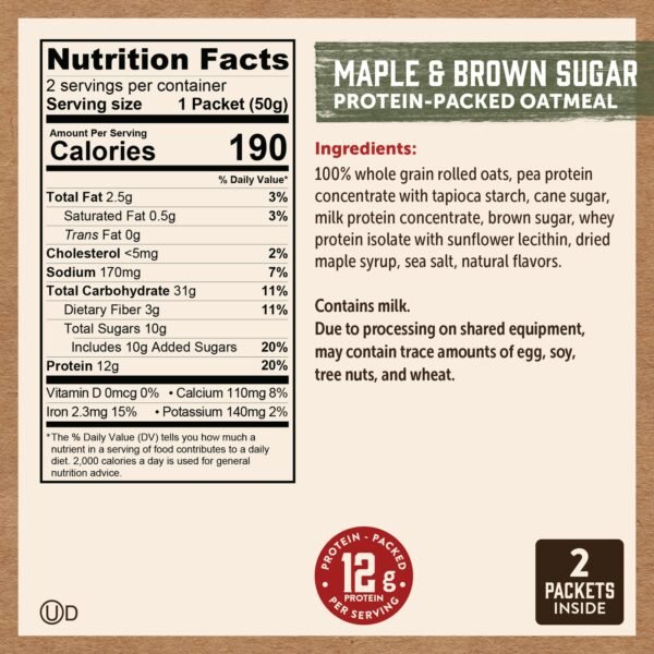 Información nutricional e ingredientes de Kodiak Cakes Oatmeal Packets (Maple & Brown Sugar)