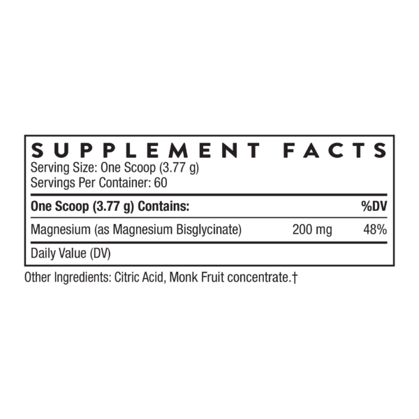 Panel de datos del suplemento Thorne Magnesium Bisglycinate
