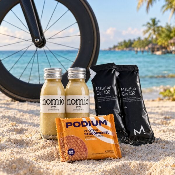 Stack de Competencia: 2 Nomio, 2 Maurten Gel 100 y 1 PODIUM Protein Stroopwafel sobre la arena de West Bay, Roatán, con la rueda de una bicicleta de pista al fondo