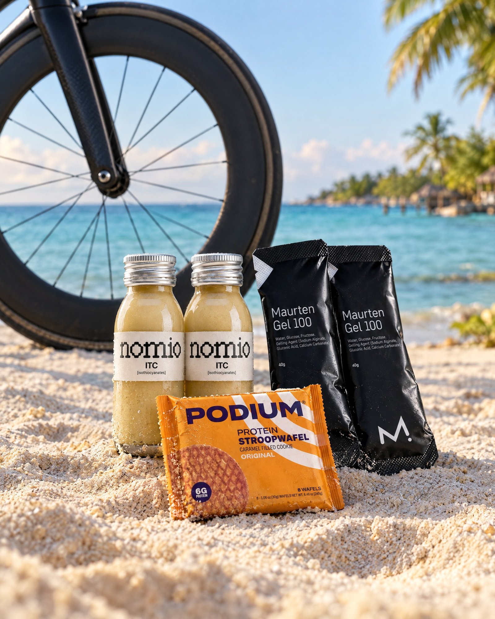 Stack de Competencia: 2 Nomio, 2 Maurten Gel 100 y 1 PODIUM Protein Stroopwafel sobre la arena de West Bay, Roatán, con la rueda de una bicicleta de pista al fondo