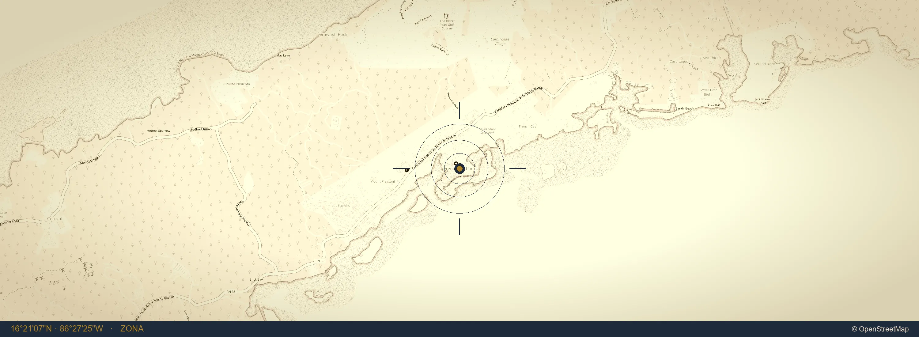 Mapa de French Harbour, Roatán, donde se encuentra El Bucanero.